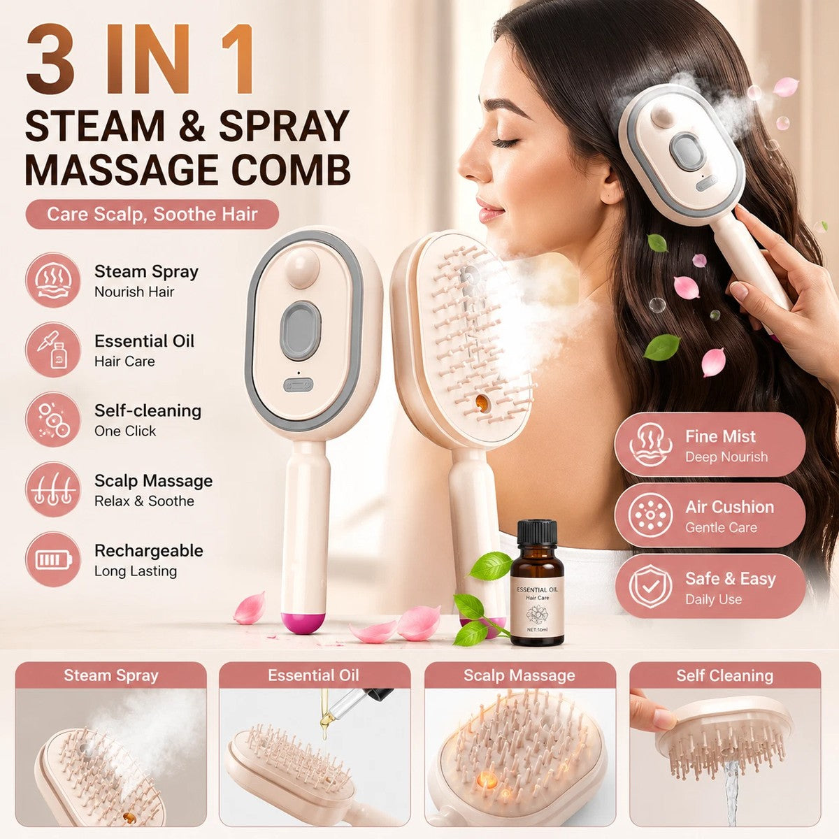 Rechargeable Electric Spray Hair Comb with Mist & Red Light Therapy Pink