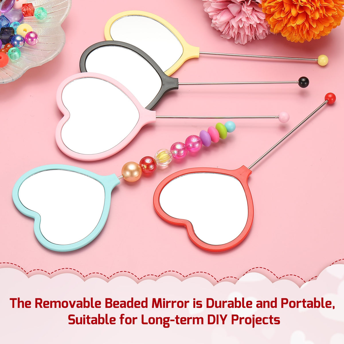 Heart-Shaped Beadable Mirror Set - DIY Handle Craft Gift, 6.4 Inch White