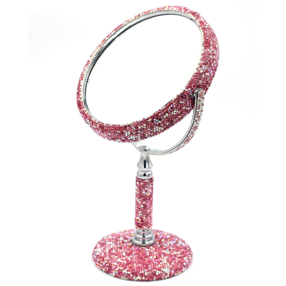 Pink Double-Sided Makeup Mirror with Rhinestones - 2X Magnification & Rotating