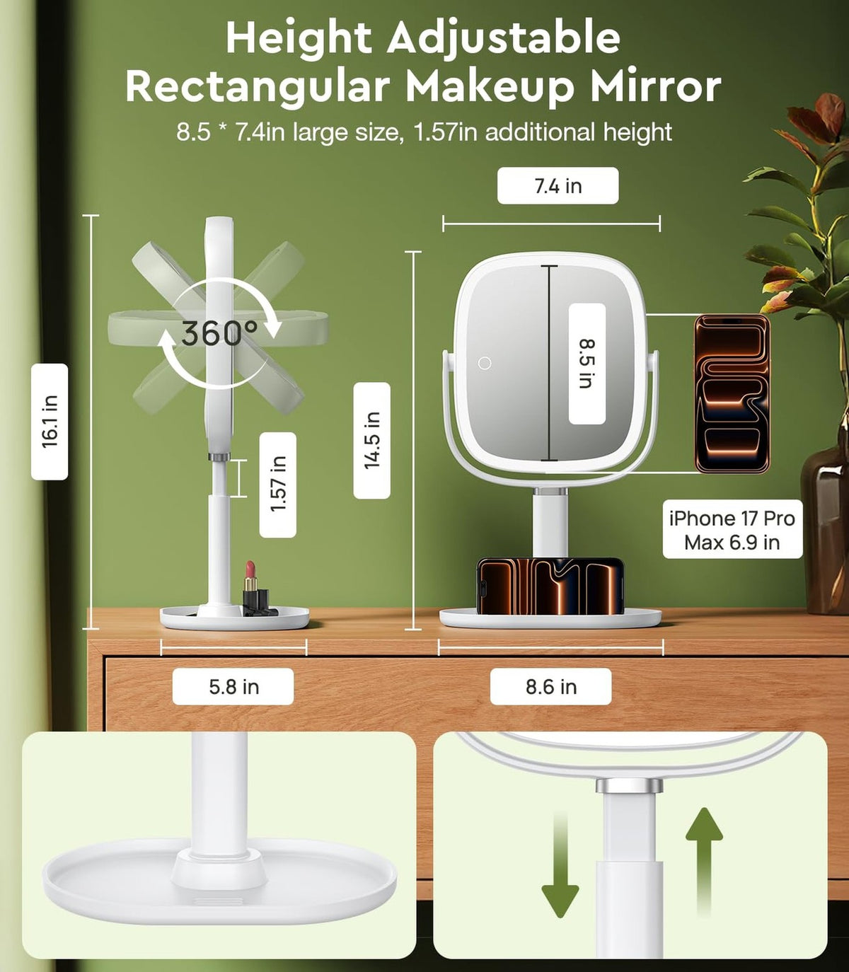 Lighted Makeup Mirror with Magnification & Adjustable Height - White