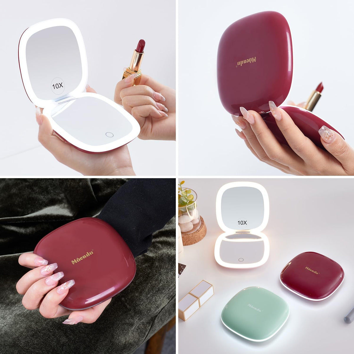 LED Travel Makeup Mirror with 1X/10X Magnification, USB Rechargeable, Compact Wine Red