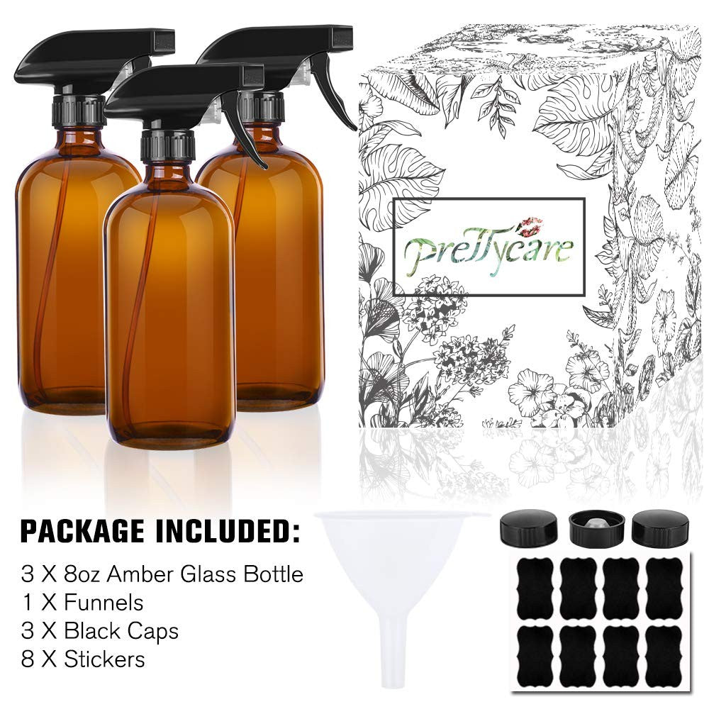 8 Oz Amber Glass Spray Bottles Set - Refillable with Adjustable Nozzle & Labels