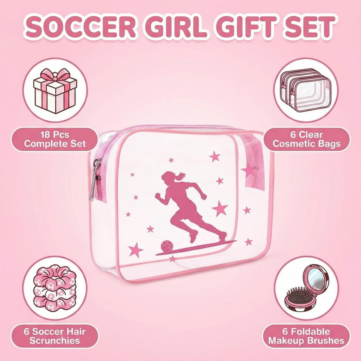Soccer Party Favors Set with Clear Makeup Pouches & Hair Accessories - Pink 18pcs