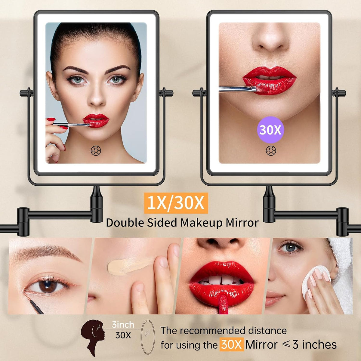 Rechargeable Wall Mounted Makeup Mirror with Lights and Magnification