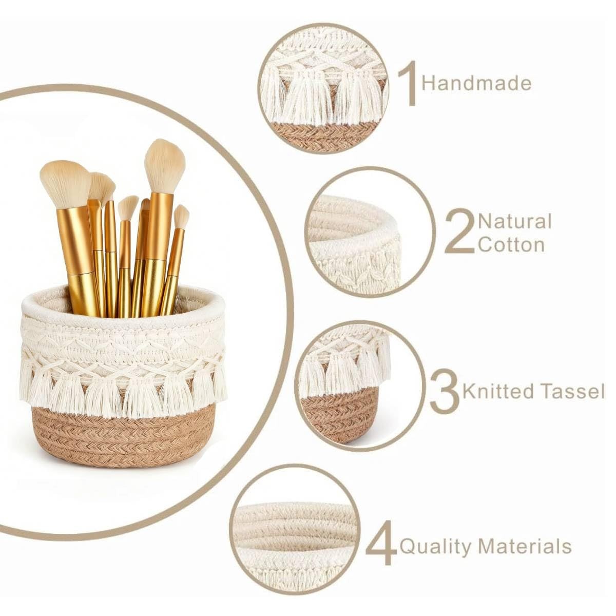 Macrame Makeup Brush Holder Organizer Set - Boho Decor Storage, White & Brown