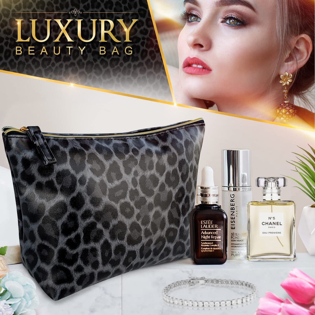 Vegan Leather Leopard Print Makeup Bag for Travel & Purse - Small Cosmetic Organizer