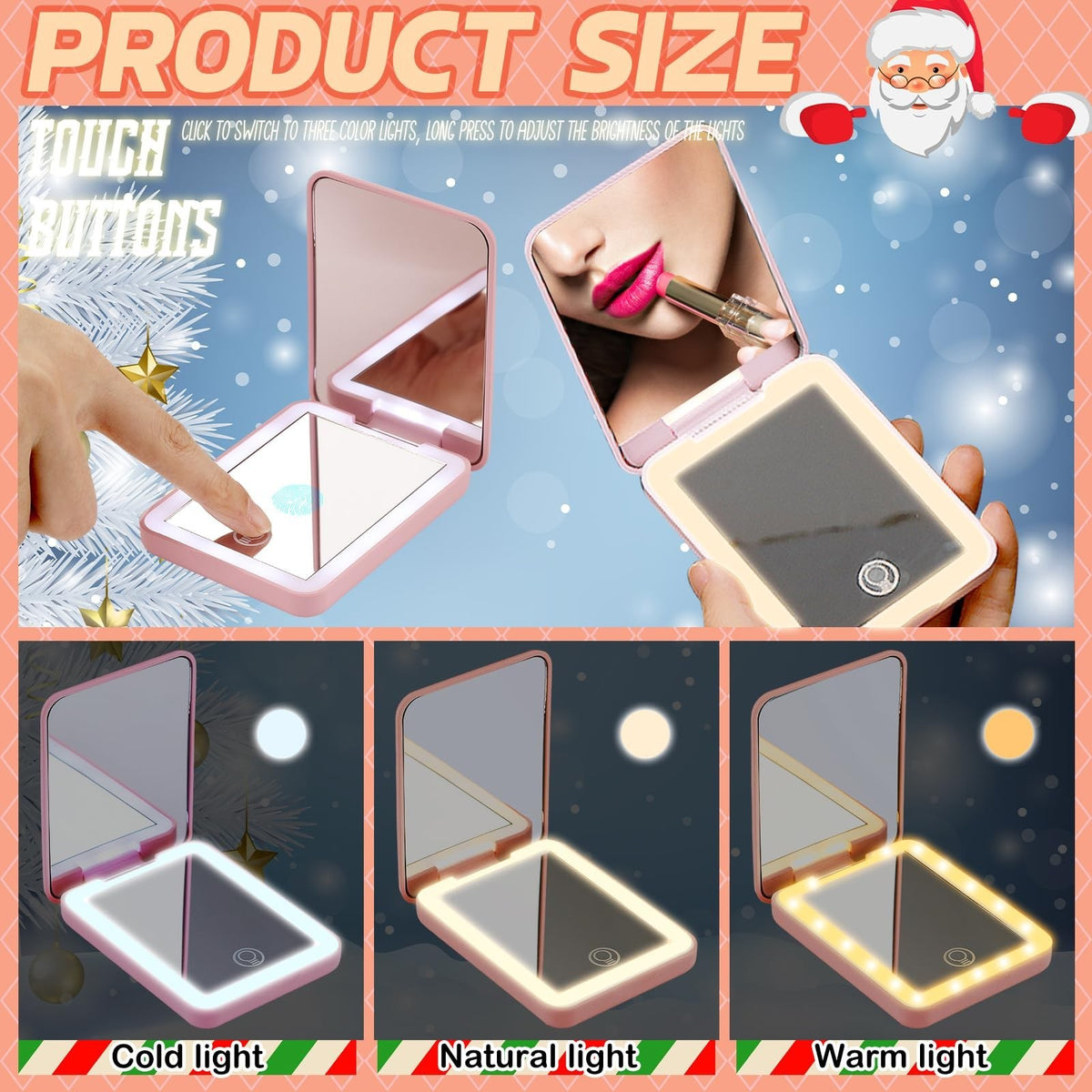 LED Travel Compact Mirror with Gift Box - Dimmable Touch Screen, Pink