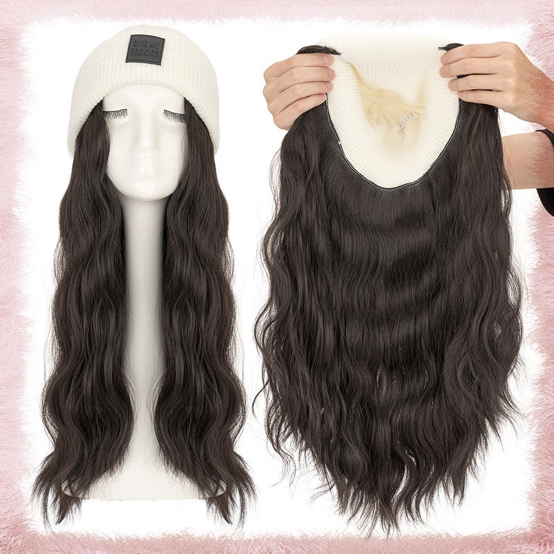 Women Knitted Wavy Wig Winter Beanie Hat - Long Curly Synthetic Hair