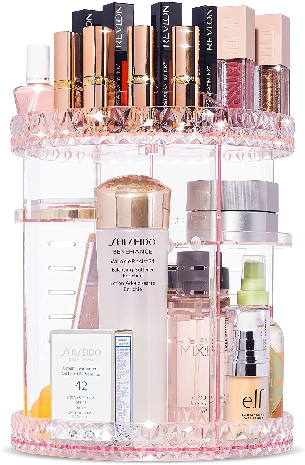 Rotating Makeup Organizer with Adjustable Shelves - 15 Slots, Clear or Pink
