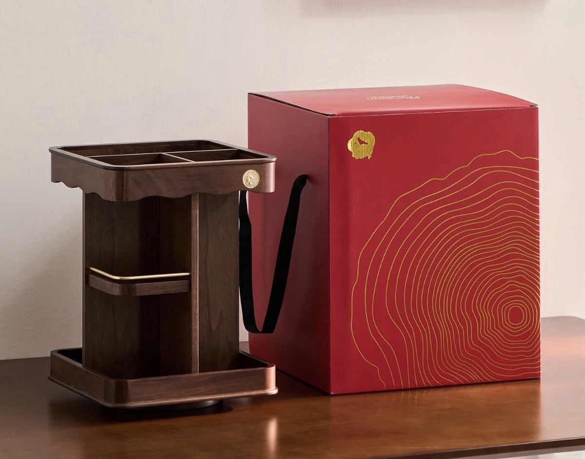 Wooden Rotating Cosmetic Organizer with Velvet Lining and Gold Accents
