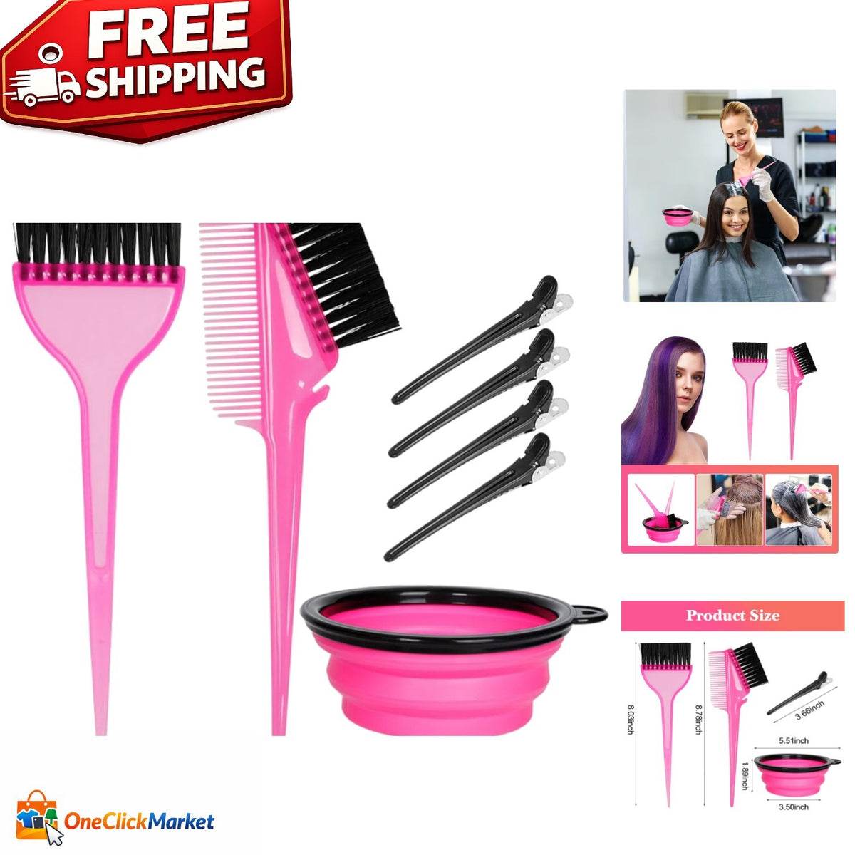 Hair Dye Brush and Bowl Set - Pink & Black