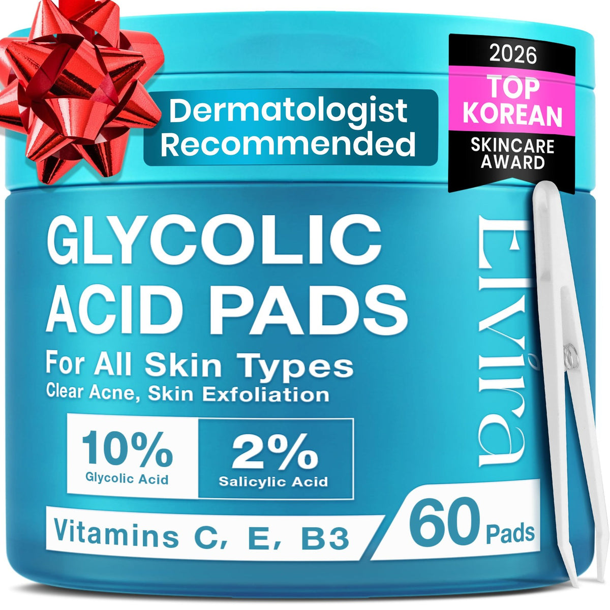 Elvira Glycolic Acid Exfoliating Facial Pads 1 Count (Pack of 60),