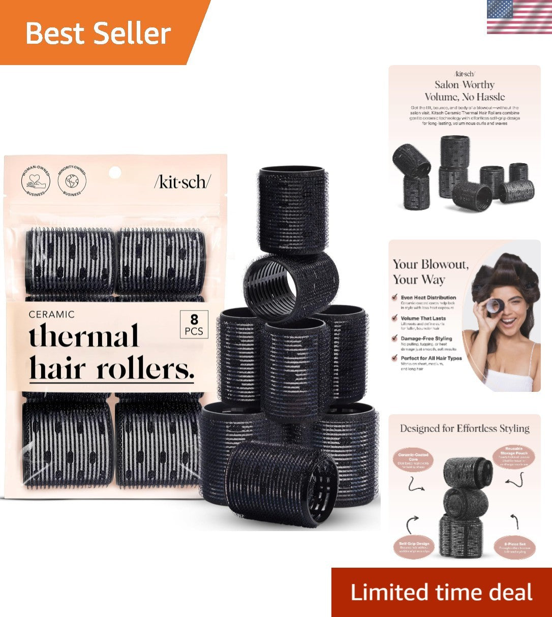 Heatless Ceramic Hair Rollers Set for Voluminous Curls – 8 Pack