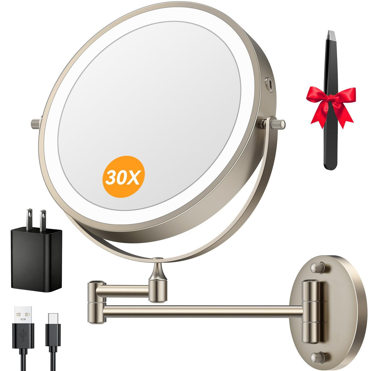 Rechargeable 9-Inch Wall Mounted Lighted Makeup Mirror with 30X Magnification, Dimmable LED, Extendable Arm