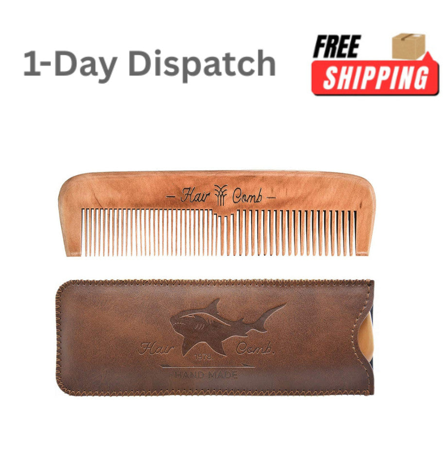 Wooden Hair Comb for Men with Leather Travel Case - Beard & Grooming Tool