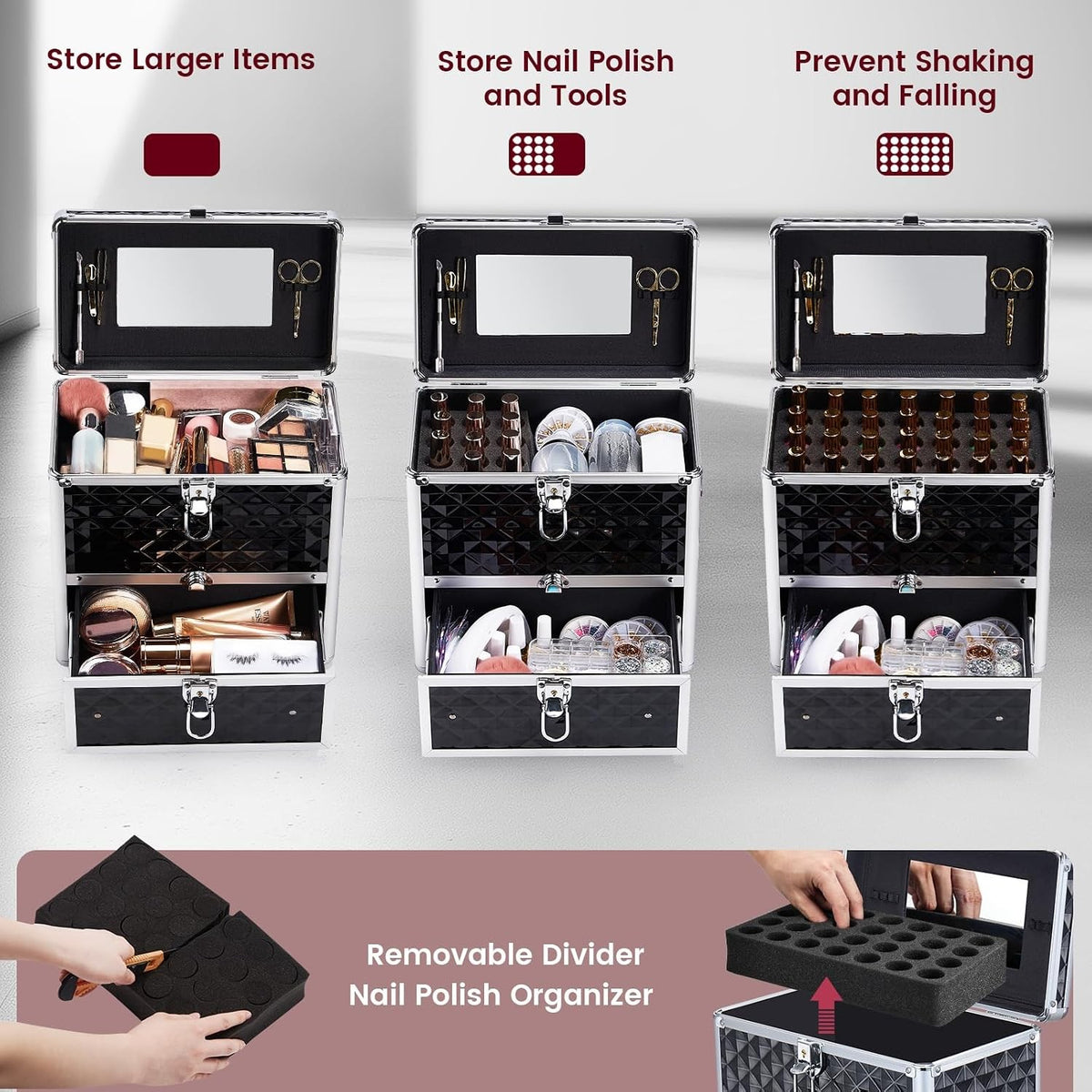 Nail Polish Makeup Train Case with Drawer & Dividers - Manicure Organizer