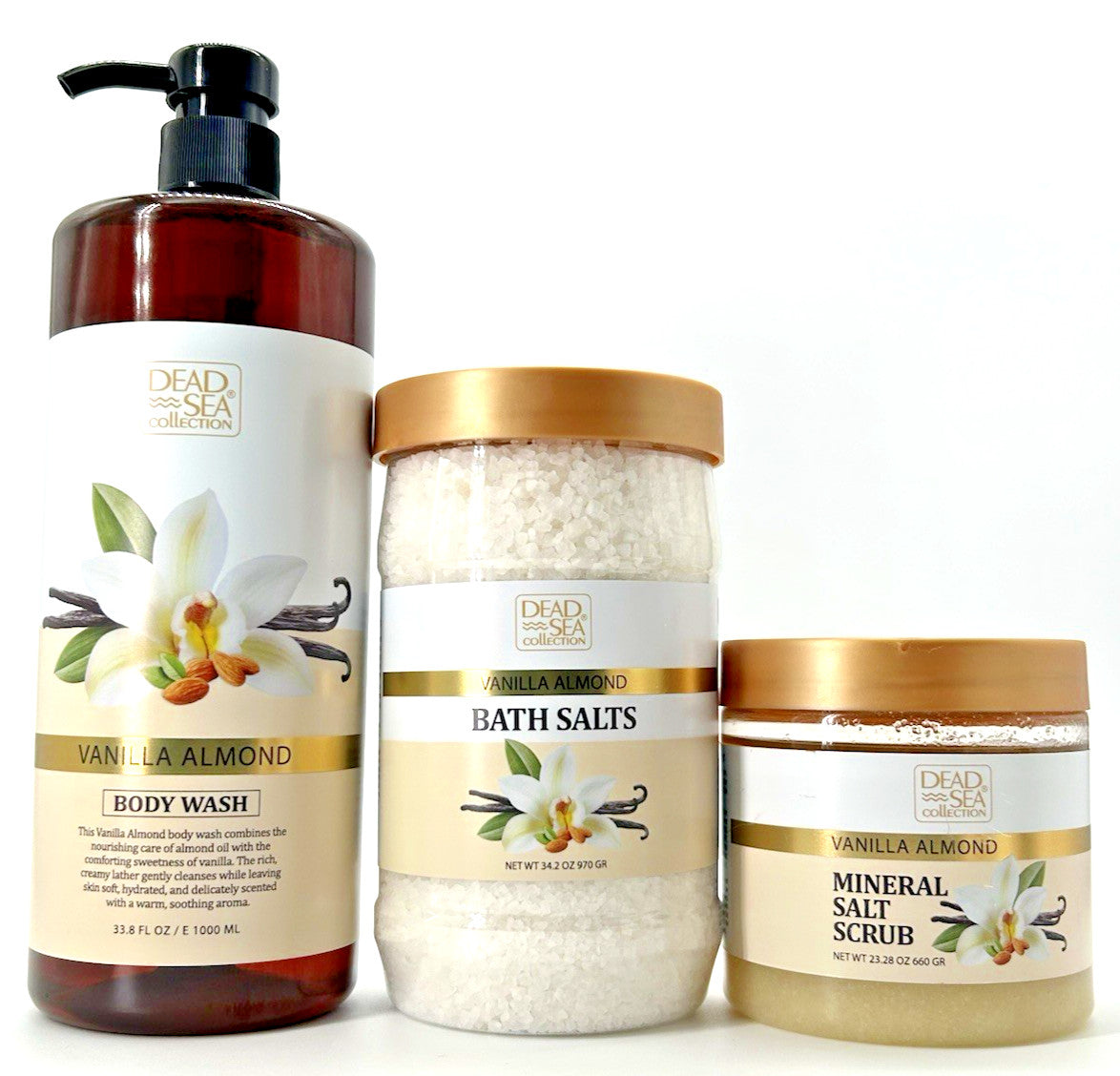Dead Sea Vanilla Almond Body Wash (33.8 oz), Salts (34.2) Scrub