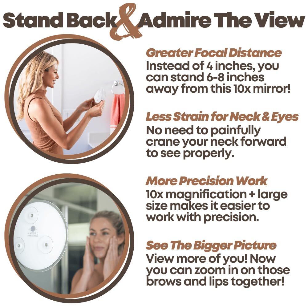 9 Inch Magnifying Mirror with Suction Cups 10X Clarity, Travel-Size