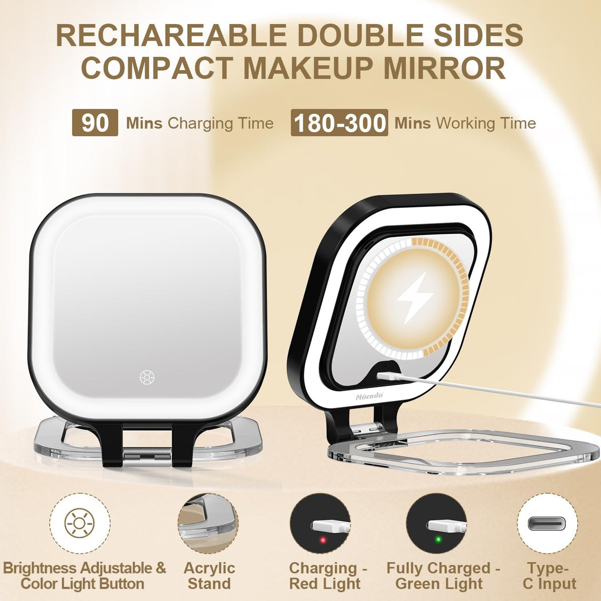 Travel Makeup Mirror with 1X/20X Magnification & LED Light, Compact Double-Sided