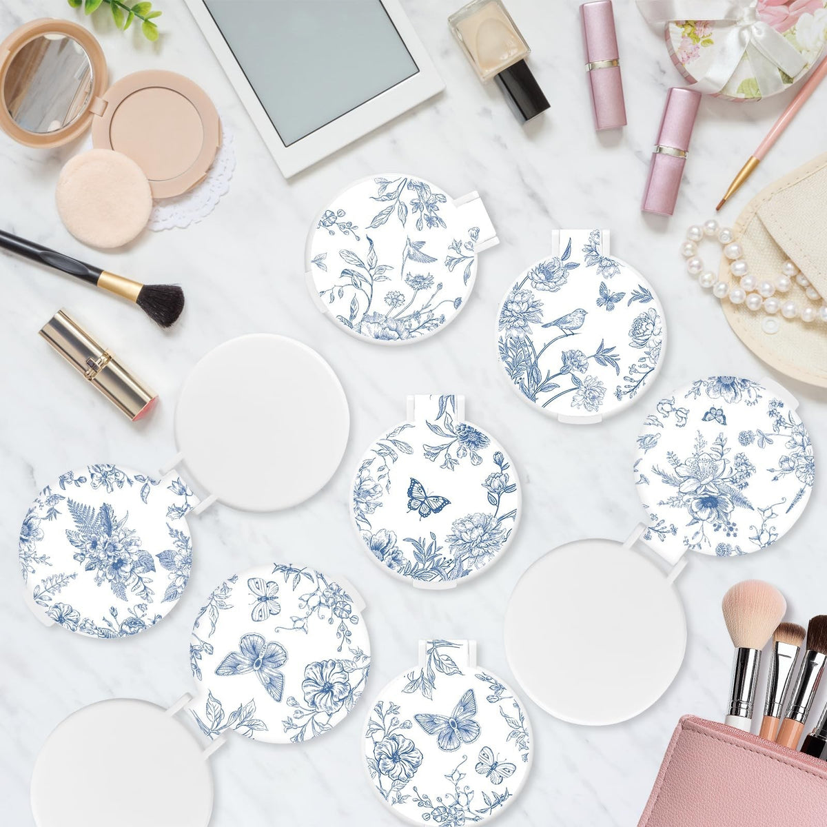 Blue Porcelain Compact Mirror Set - 50 Small Pocket Round Mirrors for Gifts