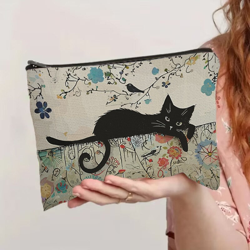 Black Cat Print Cosmetic Bag Travel Pouch for Women - Gift & Organizer