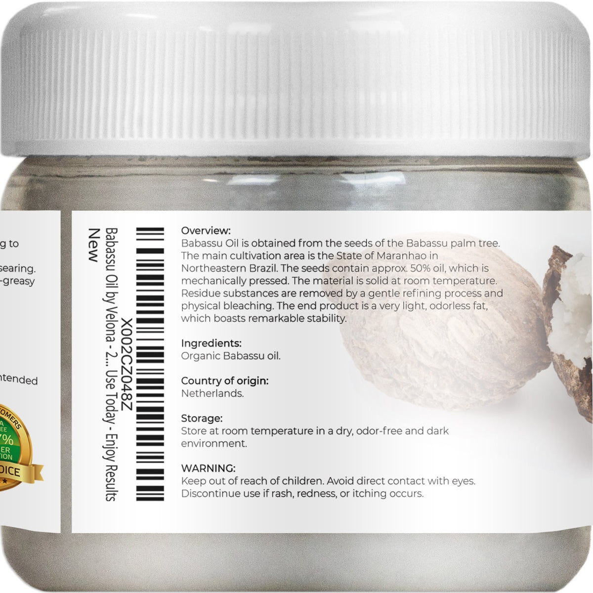 Velona Babassu Oil USDA Certified Organic 2 Fl Oz Food, Cosmetic Grade