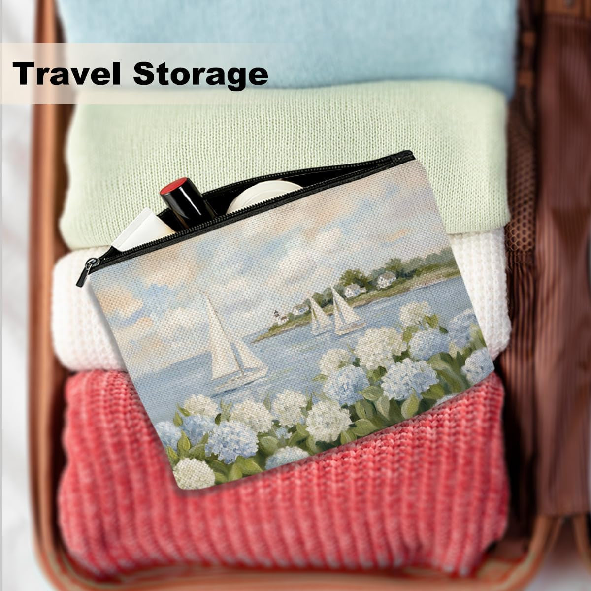 Watercolor Hydrangea Makeup Bag - Coastal Sailboat Floral Cosmetic Organizer