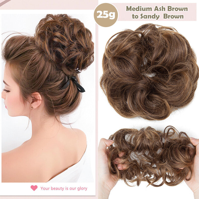 Natural Human Hair Messy Bun Ponytail Extensions with Curly Scrunchie Updo