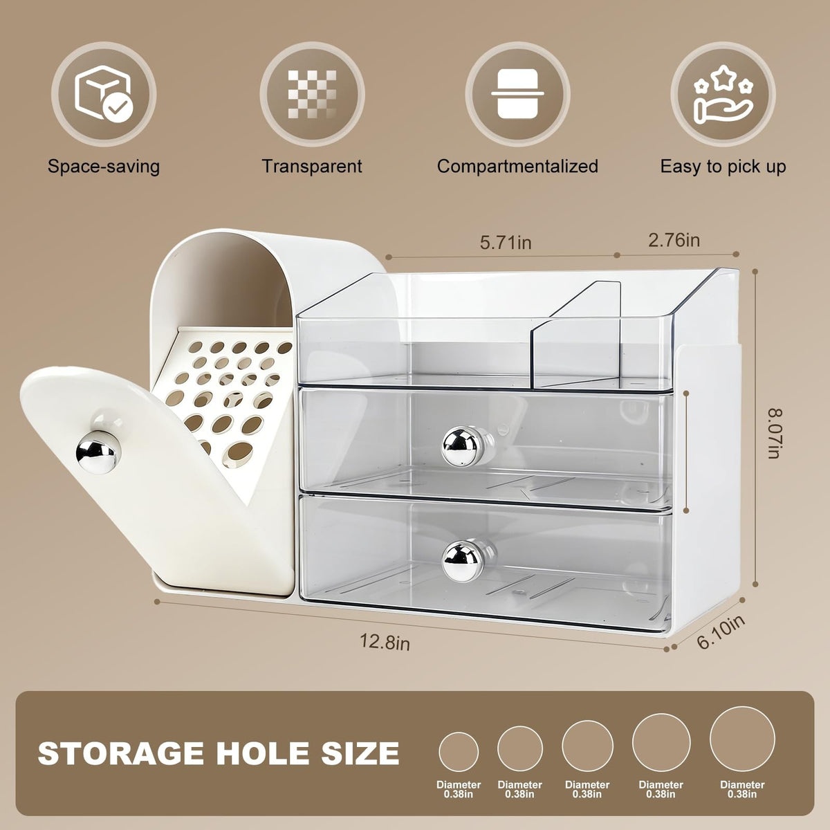 Large Makeup Organizer with Brush Holder, Vanity Storage Box