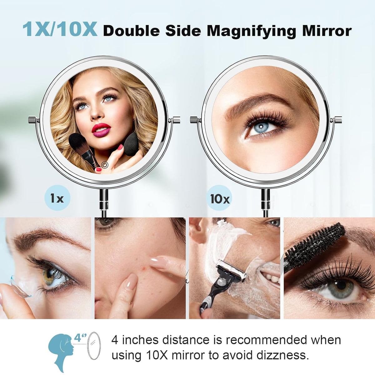 Rechargeable Wall Mounted Makeup Mirror with Lights 8 Inch Double Sided 1X/10X Magnification