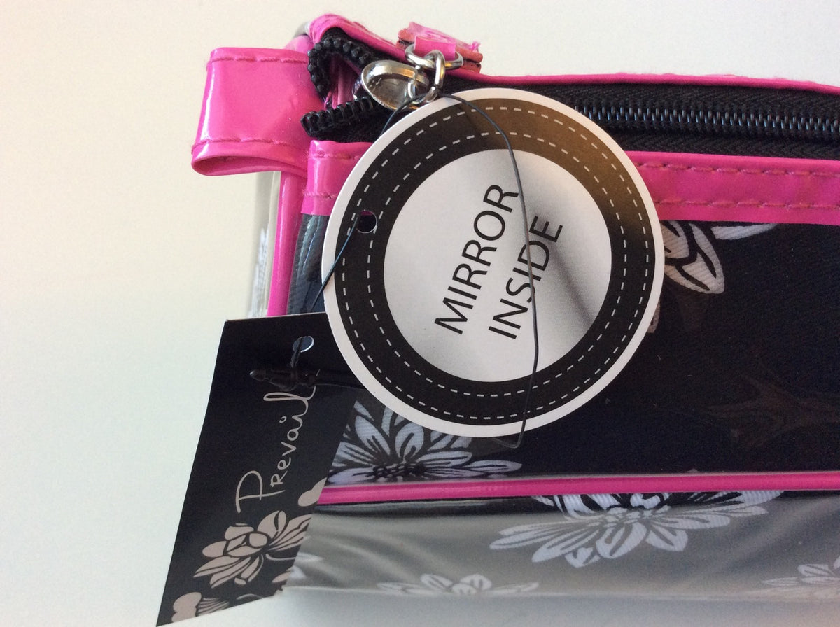 Makeup Bag with Mirror by Prevail White Flowers on Black Pink Trim