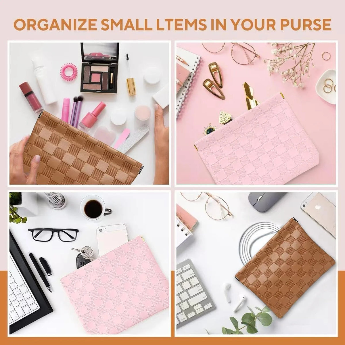 Small Waterproof Checkered Makeup Bag Set - Portable Travel Toiletry Pouches
