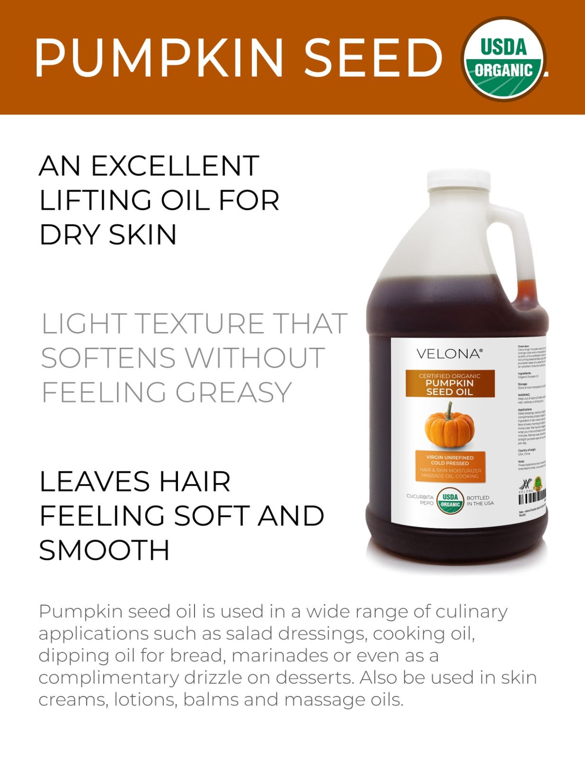 Organic Pumpkin Seed Oil - Cold Pressed Virgin Culinary & Cosmetic Oil, 2 Fl Oz to 1 Gallon