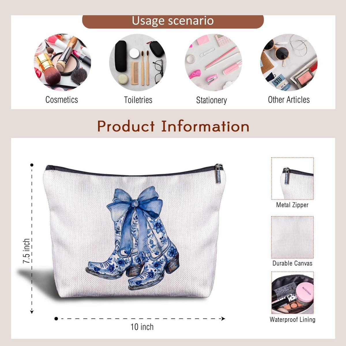 Western Cowgirl Makeup Bag with Blue Bow and Boots - Travel Cosmetic Organizer