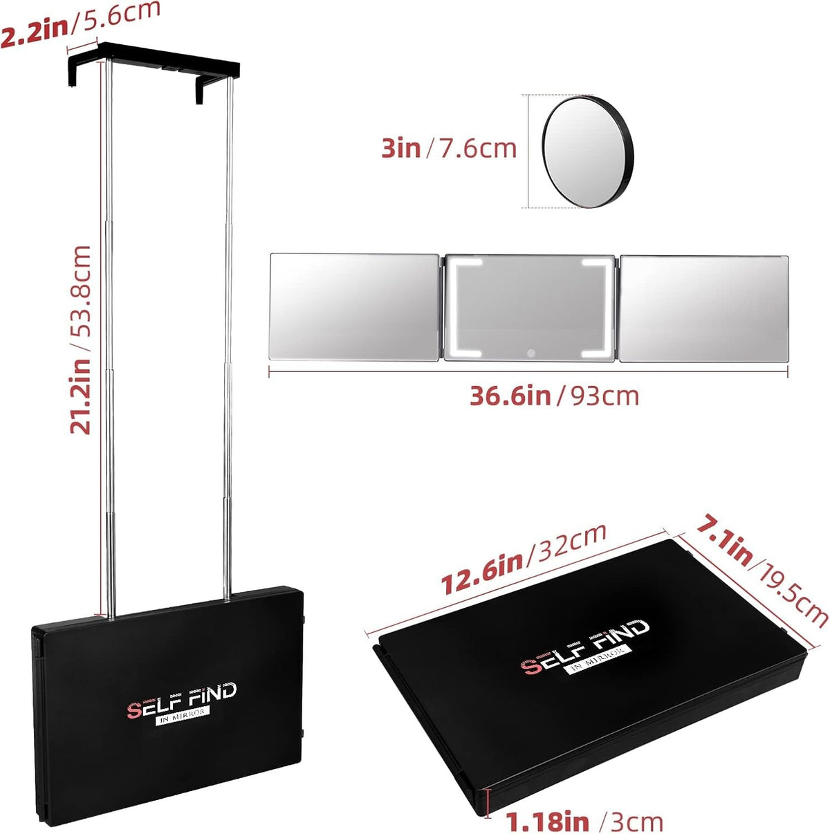 Rechargeable 3-Way Mirror with 8 LED Light Strips for Self-Haircut & Styling