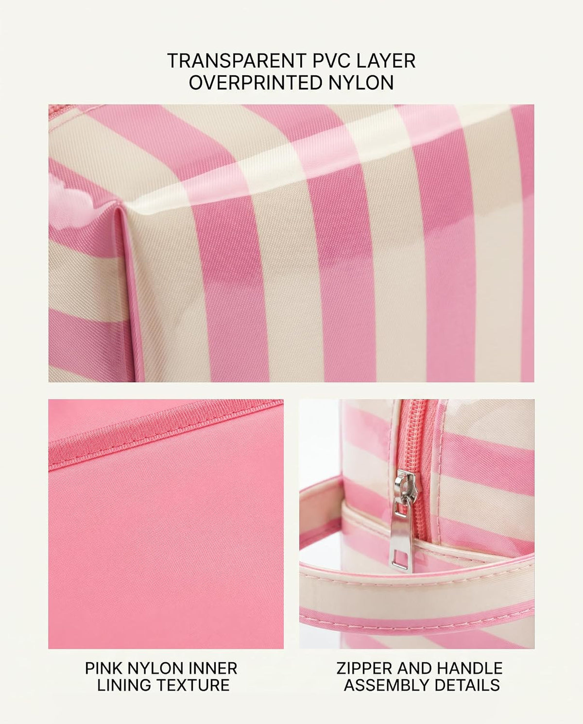 Waterproof Makeup Bag with Pink Beige Stripe Clear PVC Travel Organizer