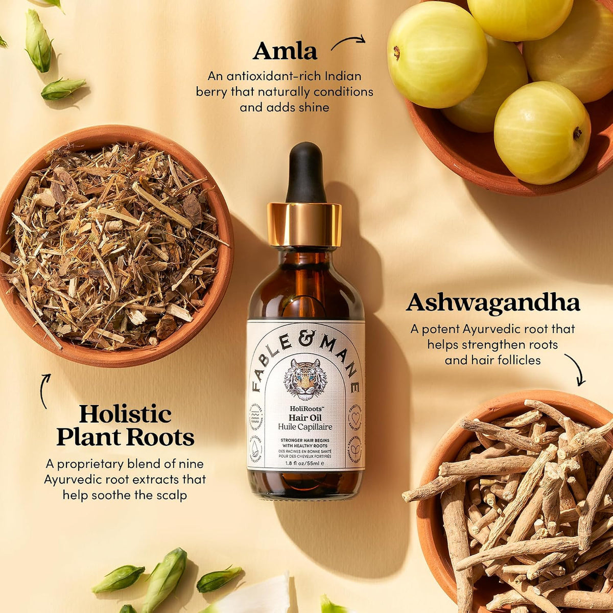 Natural Hair Oil & Serum for Damaged, Frizzy Hair - Ashwagandha & Castor, 1.8 oz