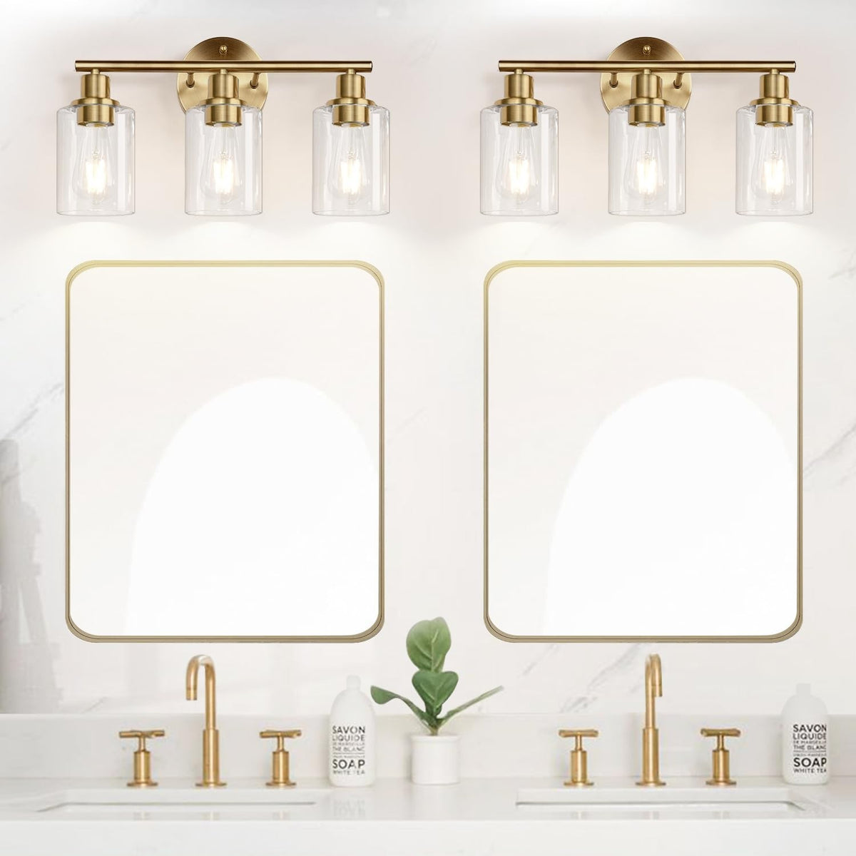 3-Light Modern Bathroom Wall Sconce with Clear Glass Shades - Brushed Brass Finish