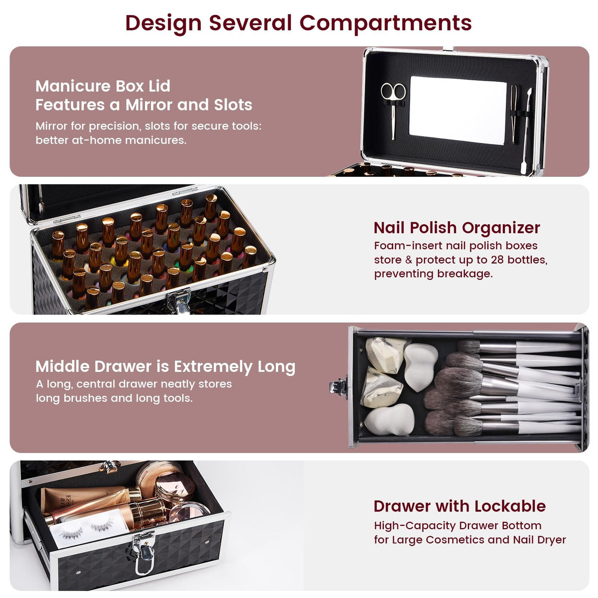 Travel Nail Polish Makeup Train Case with Mirror and Lock - Black