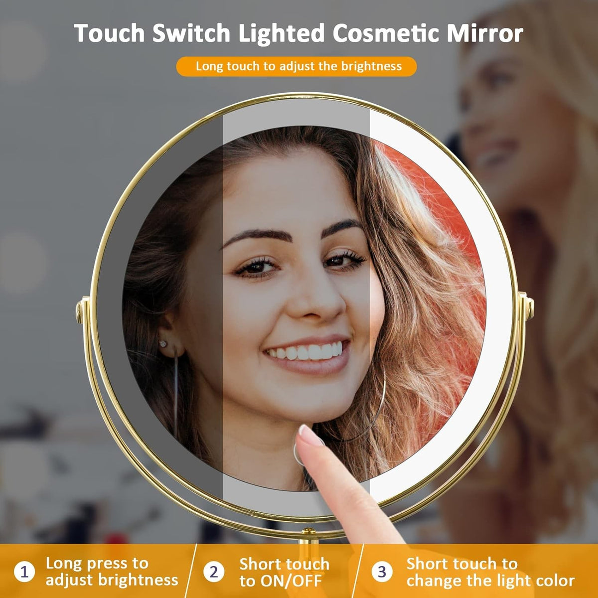 Rechargeable Lighted Makeup Mirror with 10X Magnification and 3 Lighting Modes - Gold