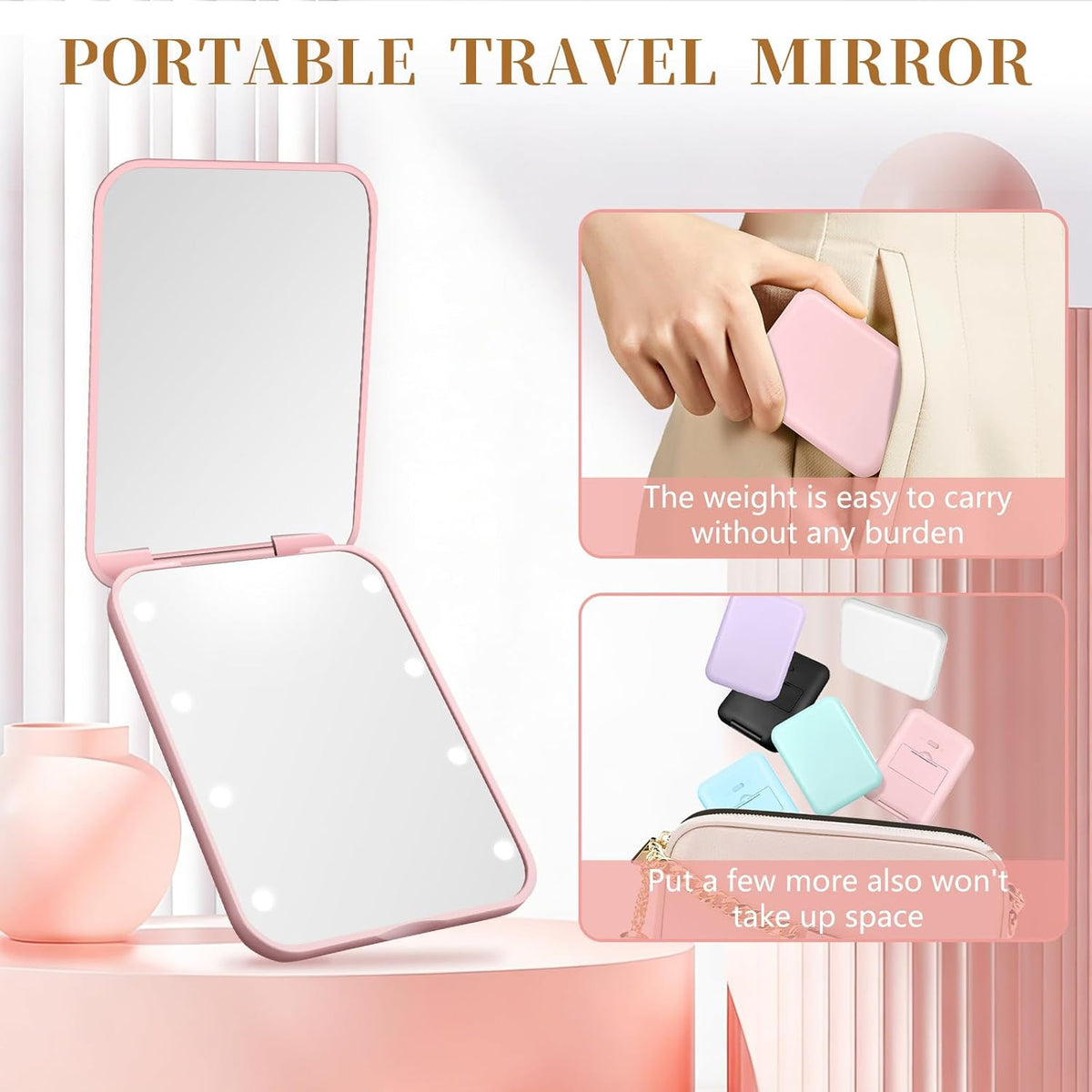 LED Pocket Mirror with 1X/3X Magnification & Bright Lights, Compact Travel Makeup Mirror