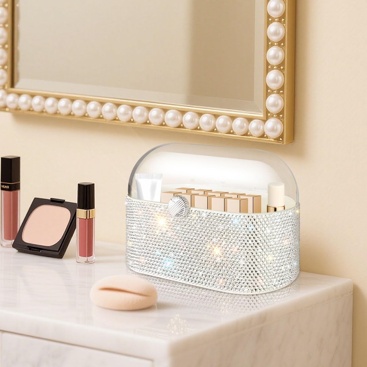 Large Capacity Acrylic Makeup Organizer with Lid and Shiny Glass Diamonds