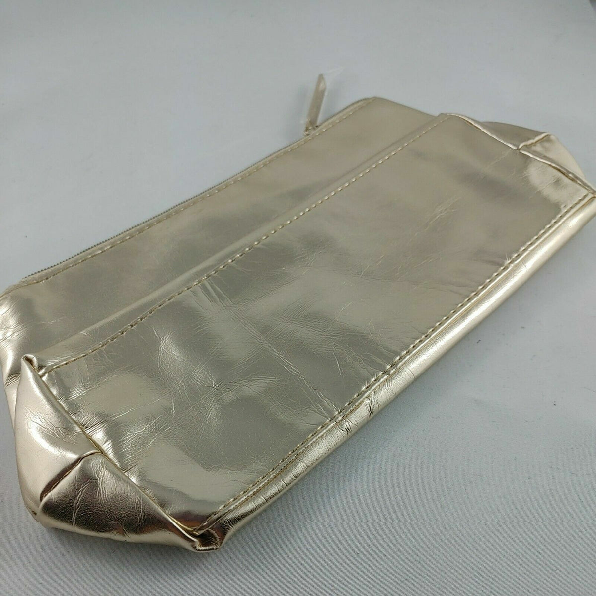 Clarins Gold Cosmetic Bag - Metal Canvas Travel Organizer 9.5x4.5x3in