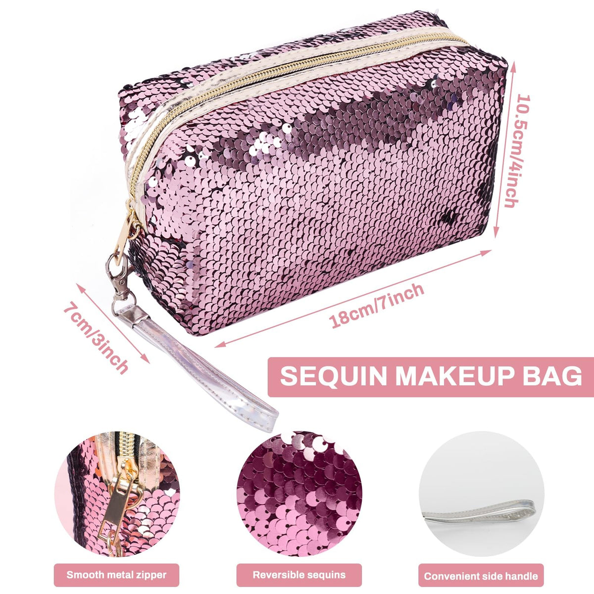 Travel Cosmetic Bag Sequin Makeup Pouch Waterproof Pink
