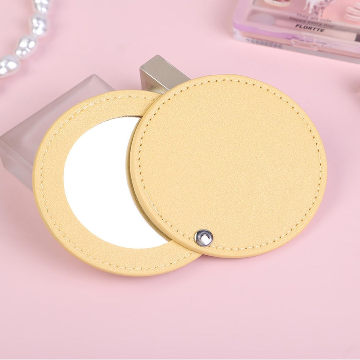 Mini Makeup Compact Mirrors Set with Leather Covers - Portable 2 Pack
