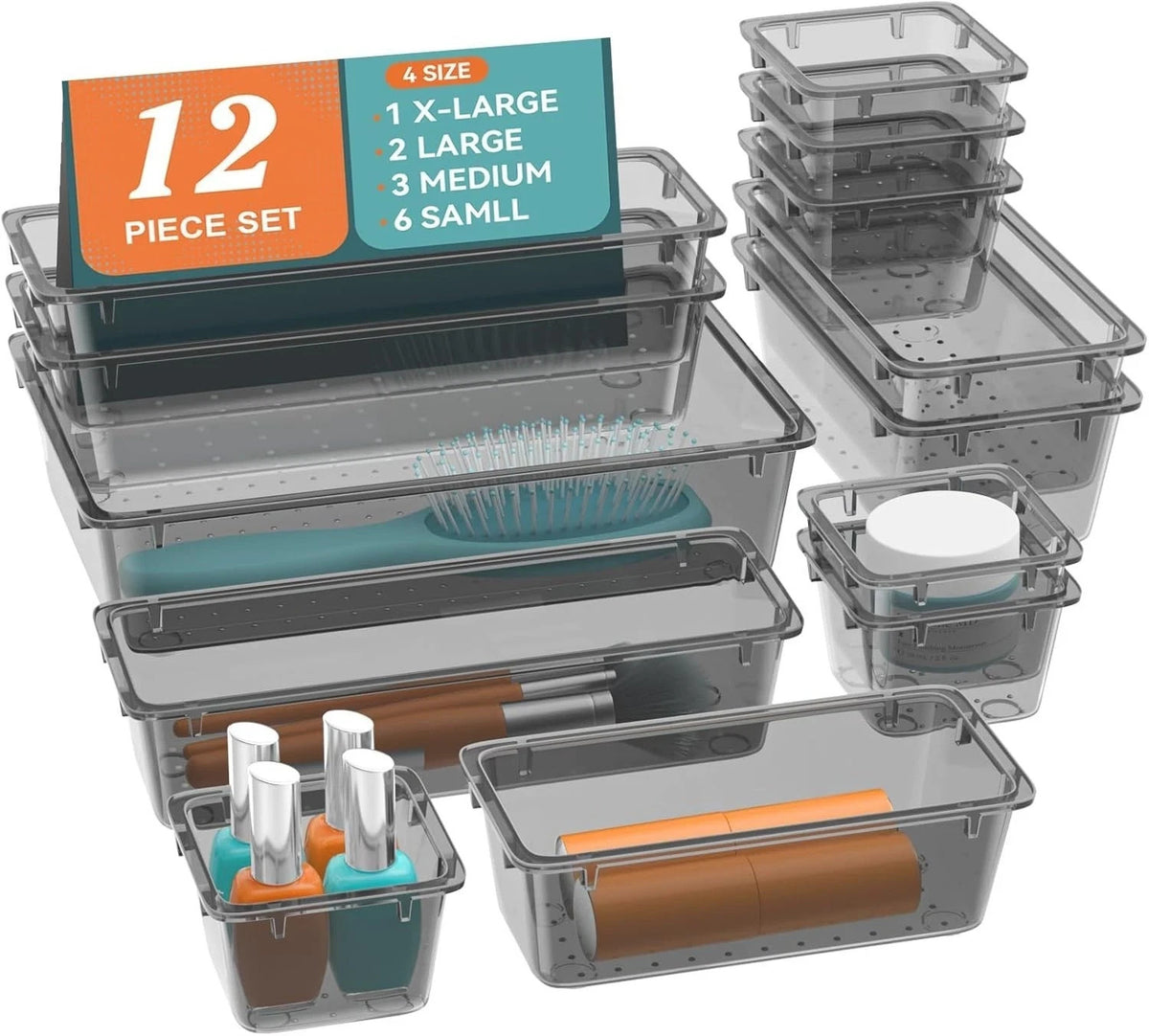 12-Piece Plastic Drawer Organizer Set with 4 Sizes for Makeup and Vanity Storage
