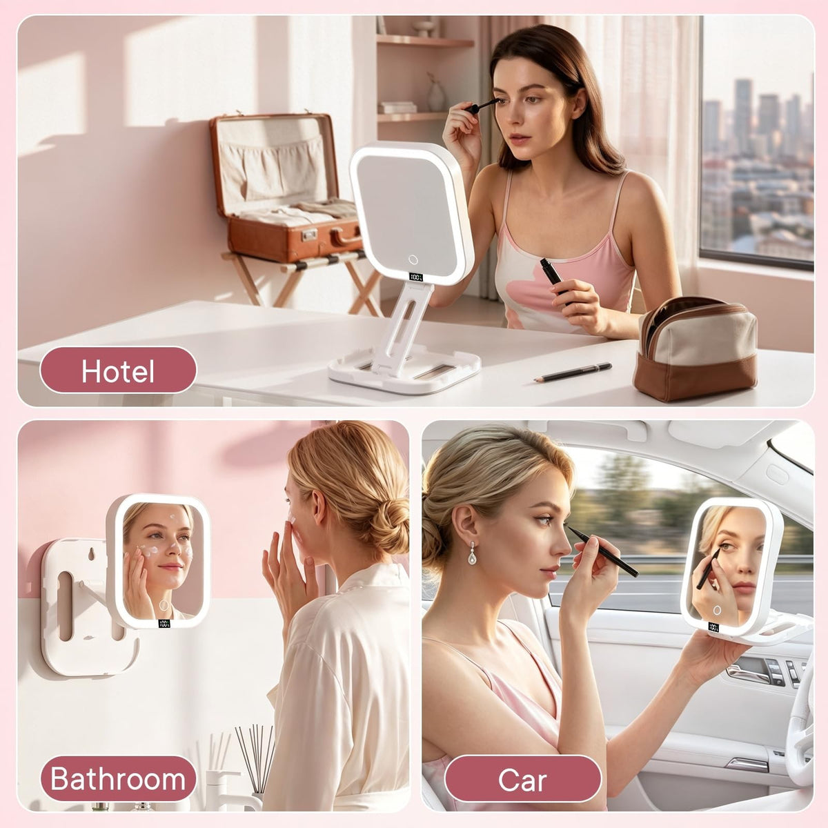 Travel Makeup Mirror with Lights, 10X & 1X Magnification, Dimmable LED, Foldable & Portable