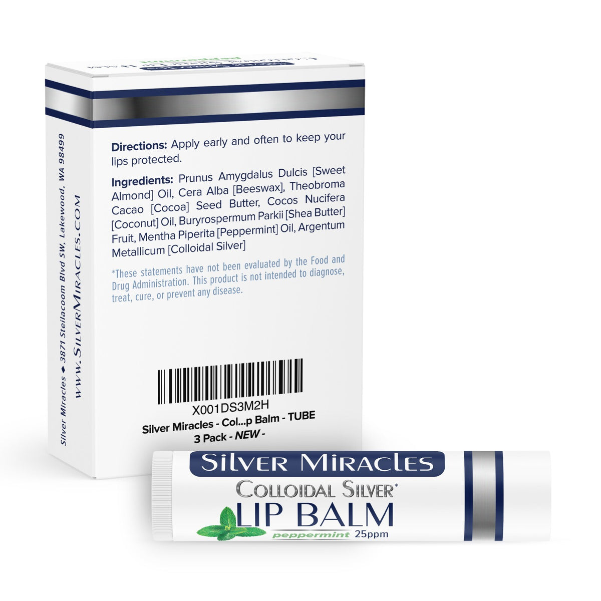 Colloidal Silver Lip Balm Tubes - 3 Pack Natural Moisturizer for Dry Lips