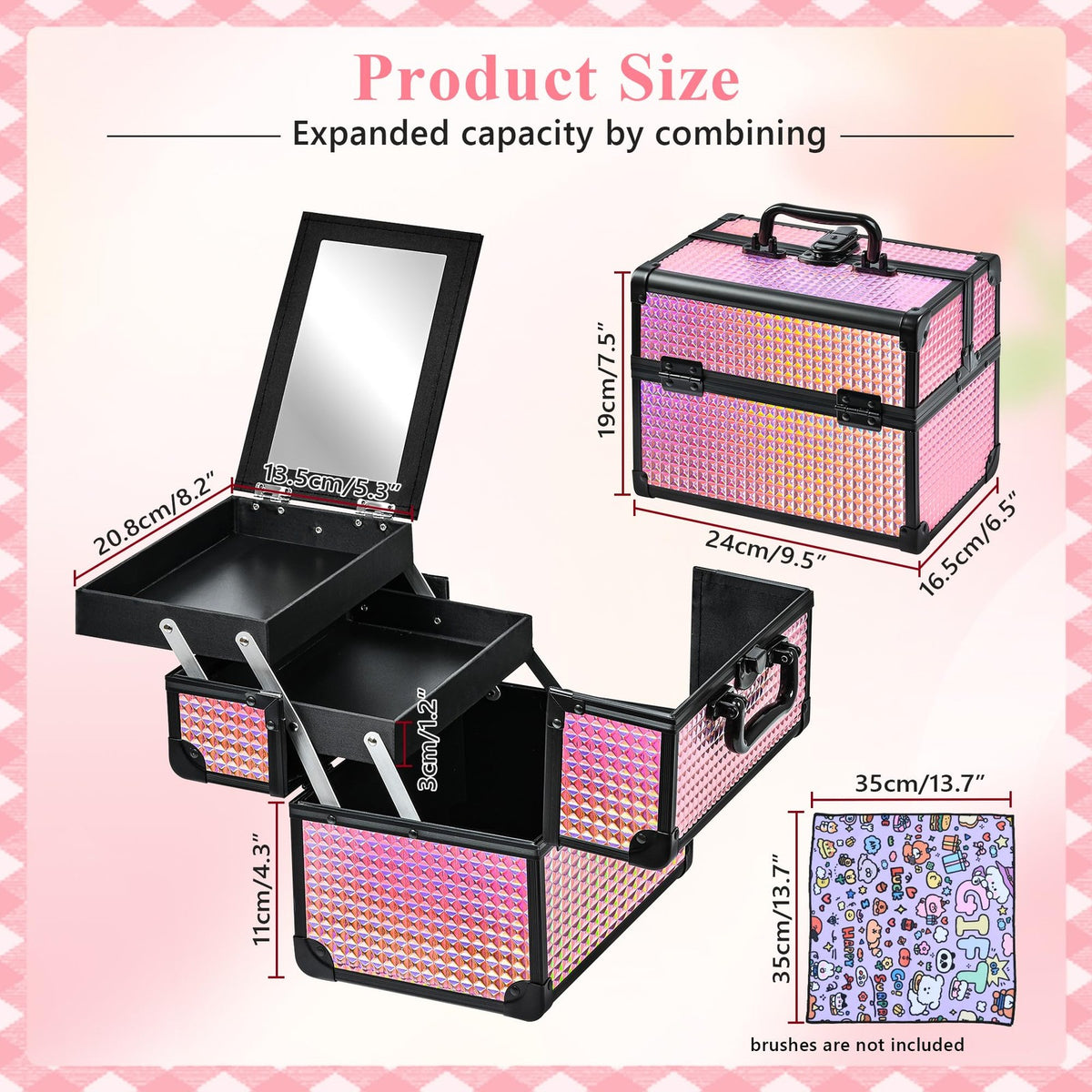 Portable Makeup Train Case with Mirror and Storage Compartments - Black Bright Pink