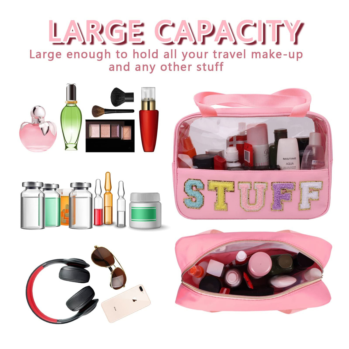 Large Clear Makeup Cosmetic Bag with Waterproof Nylon Handle Pink